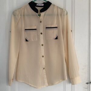 Cream and Black Sheer Button-Up Blouse